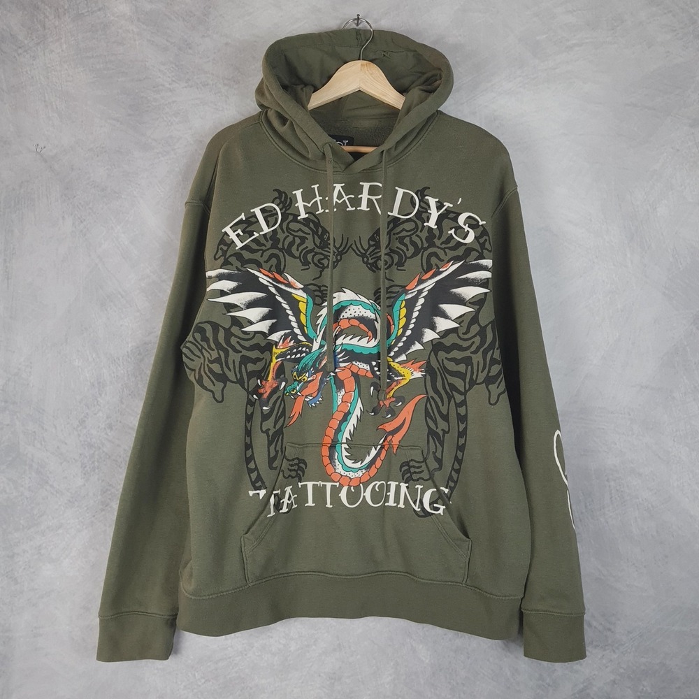 Ed Hardy Hoodie Mens Large Green Dragon Graphic Pullover Sweatshirt Tattooing